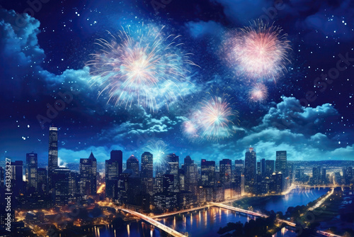 Independence Day Usa Postcard Fireworks Bursting In The Night Sky. Generative AI