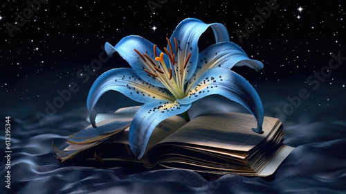 Lily With A Starry Background In The Style Of Book Art Installations. Generative AI