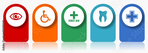Hospital icon set, flat design miscellaneous colorful icons such as eye, wheelchair, first aid, dentist and cross for webdesign and mobile applications, infographic vector template in eps 10