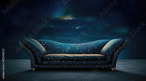 Sofa With A Starry Background In The Style Of Book Art Installations. Generative AI photo