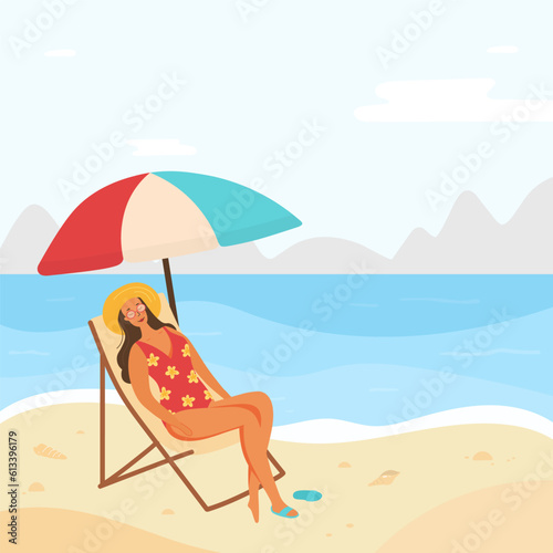 Woman in swimsuit sunbathing lying on lounger