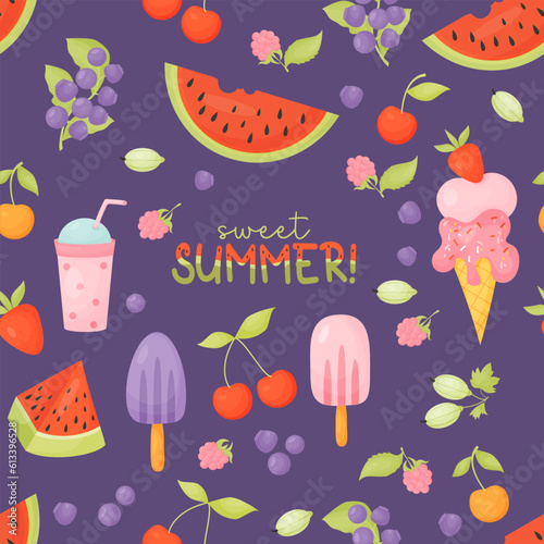 Fototapeta Naklejka Na Ścianę i Meble -  Sweet summer. Seamless pattern with sweet food, berries and fruits, ice cream and cocktail on purple background. Vector illustration in cartoon style