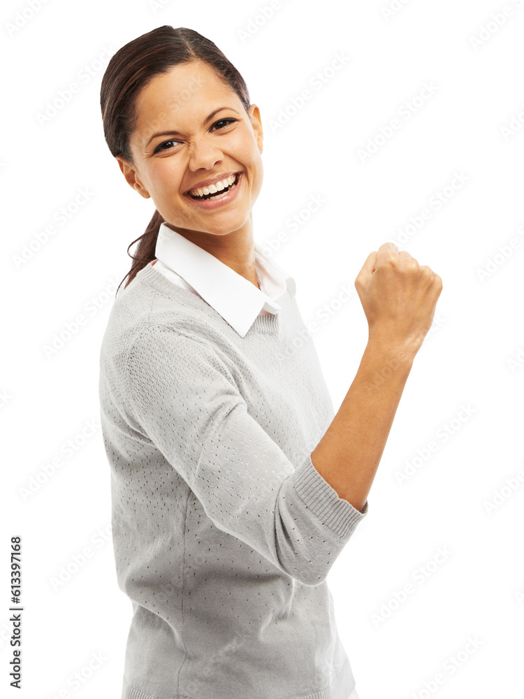 Celebration, happy and portrait of a businesswoman with a fist pump for success, achievement or goal. Winning, excited and professional female person cheering isolated by a transparent png background Celebration, happy and portrait of a businesswoman with a fist pump for success, achievement or goal. Winning, excited and professional female person cheering isolated by a transparent png background