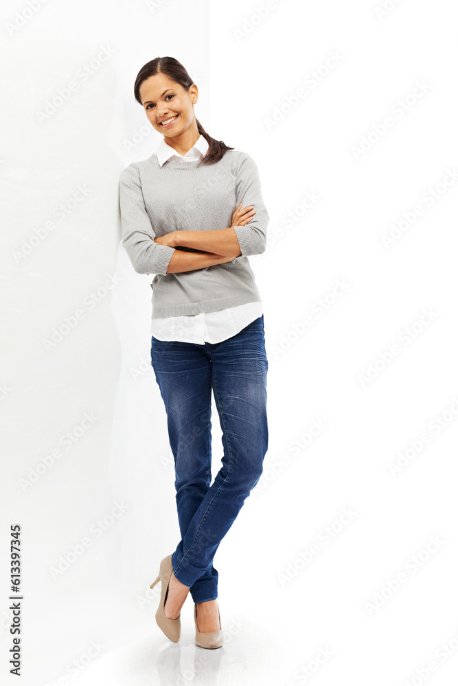 Woman, poster and portrait with arms crossed, advertising and professional presentation. News, billboard and marketing signage with female presenter and mockup isolated on transparent png background - obrazy, fototapety, plakaty 