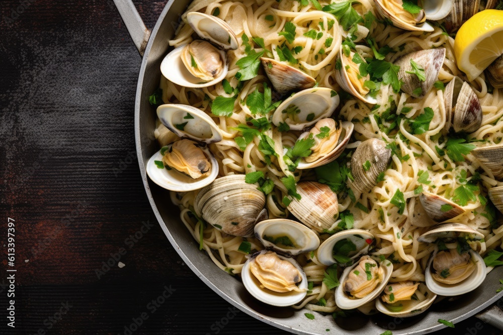 Close-up of steamed clams, linguini and parsley served in casserole from directly above Close-up of steamed clams, linguini and parsley served in casserole from directly above
