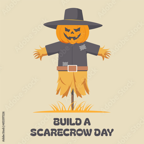 Scarecrow with pumpkin head wearing cowboy cap isolated vector illustration for Build a Scarecrow Day
