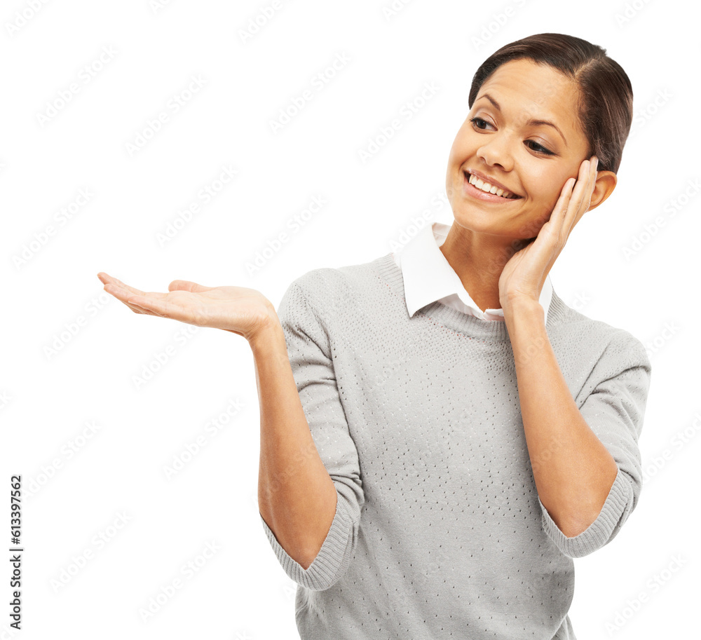 Woman, hand and thinking of advertising in palm isolated on transparent, png background. Young professional female person with hands and a smile for marketing space, promotion and presentation idea Woman, hand and thinking of advertising in palm isolated on transparent, png background. Young professional female person with hands and a smile for marketing space, promotion and presentation idea