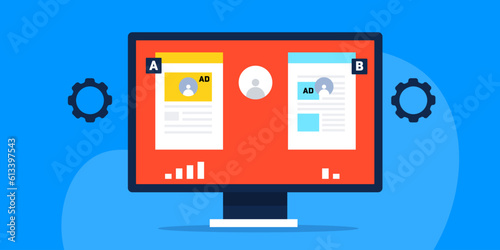 AB split testing software optimising landing page for search marketing and social media advertising, monitoring report and campaign success, vector illustration.