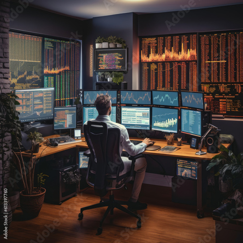 A trader, trading at home office with large screen setups