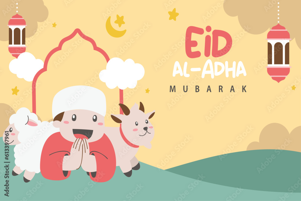 Holy Eid Al Adha Mubarak Cute Banner Cartoon doodle. Islamic and Arabic Greeting flyer for Muslim Community Festival graphic print Vector Holy Eid Al Adha Mubarak Cute Banner Cartoon doodle. Islamic and Arabic Greeting flyer for Muslim Community Festival graphic print Vector