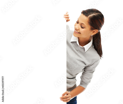 Canvastavla Billboard, smile and woman behind banner sign isolated on a transparent png background