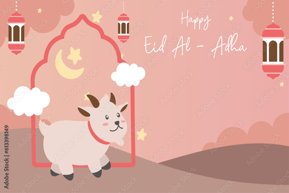 Holy Eid Al Adha Mubarak Cute Banner Cartoon doodle. Islamic and Arabic Greeting flyer for Muslim Community Festival graphic print Vector Holy Eid Al Adha Mubarak Cute Banner Cartoon doodle. Islamic and Arabic Greeting flyer for Muslim Community Festival graphic print Vector