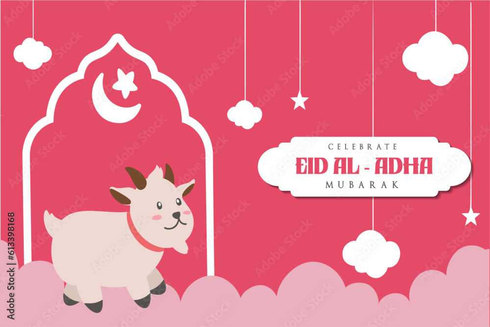 Holy Eid Al Adha Mubarak Cute Banner Cartoon doodle. Islamic and Arabic Greeting flyer for Muslim Community Festival graphic print Vector Holy Eid Al Adha Mubarak Cute Banner Cartoon doodle. Islamic and Arabic Greeting flyer for Muslim Community Festival graphic print Vector