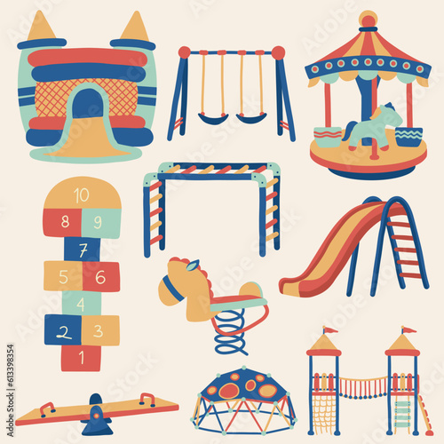 Set of Park and Playground Objects Cute Hand Drawn Illustration