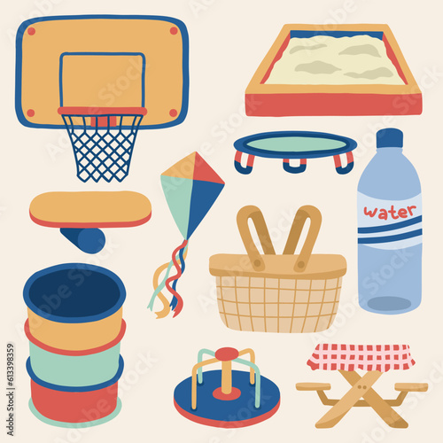 Set of Park and Playground Objects Cute Hand Drawn Illustration