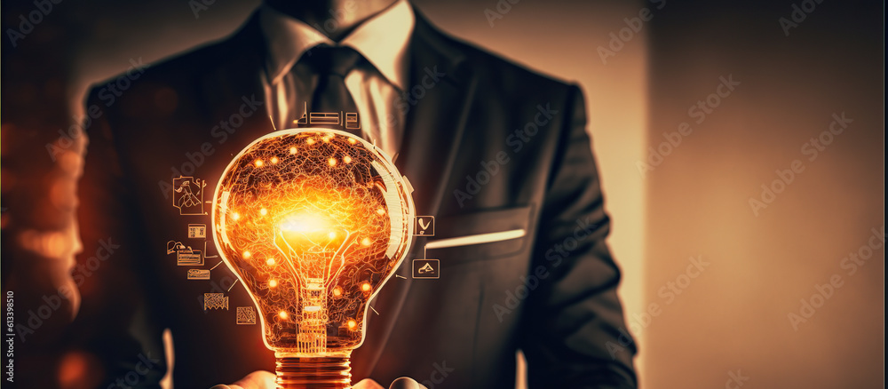 Businessman holding light bulb. Generative AI