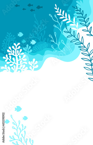 Illustration of background in a blue palette colours. Underwater marine life of a coral reef