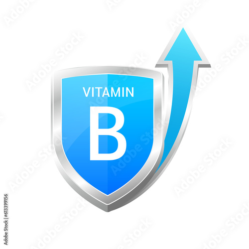Vitamin B shield with Blue atom, an up arrow isolated on cutout PNG. Protect body stay healthy, protection from chemicals entering body. Medical scientific concepts. Vector illustration 3D. 