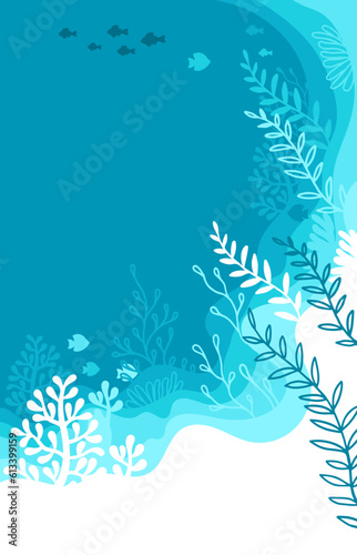 Illustration of background in a blue palette colours. Underwater marine life of a coral reef