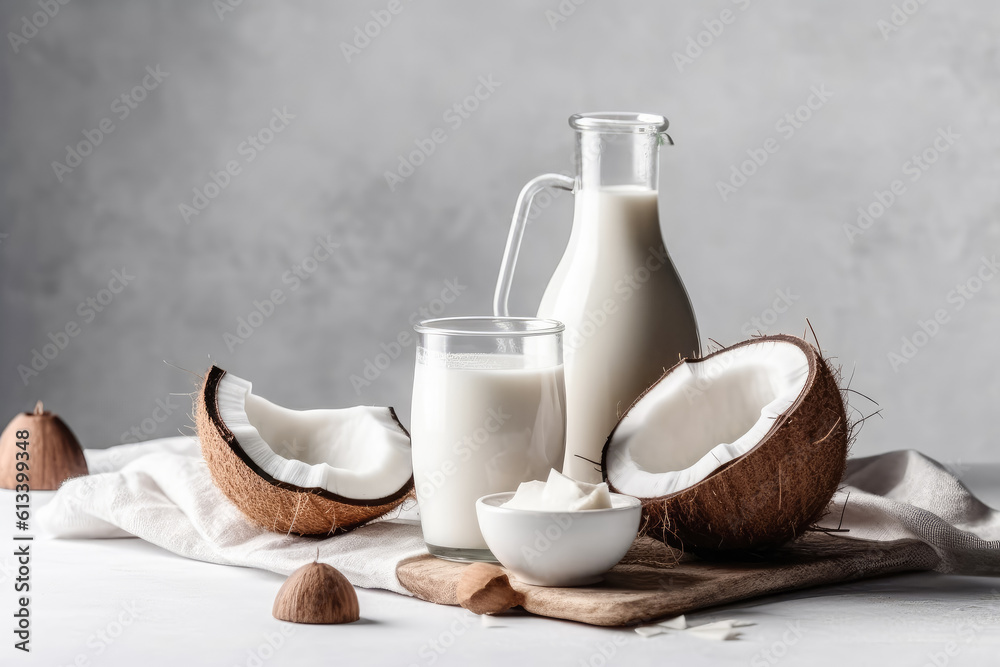 Coconut milk on a wooden background. Coconut milk in a glass bottle