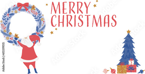クリスマスリースを飾るサンタクロースのイラスト-ブルー