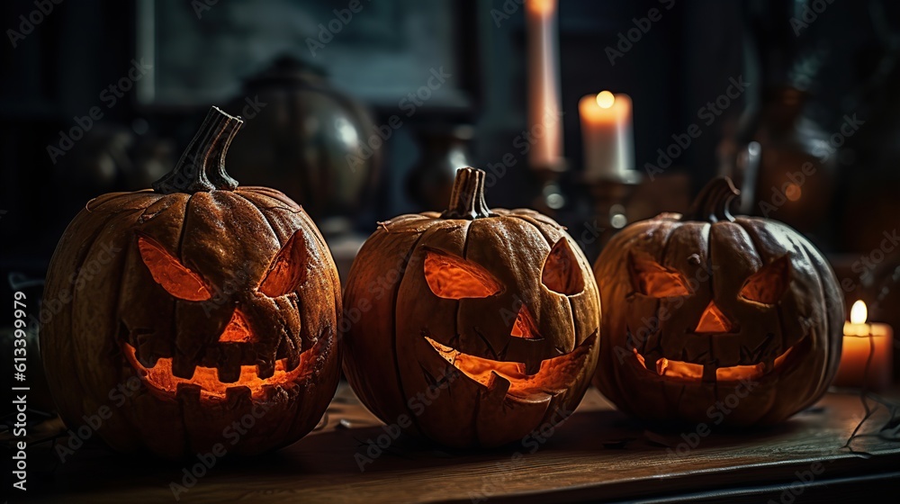 Fototapeta premium Halloween lantern pumpkins. Generative AI