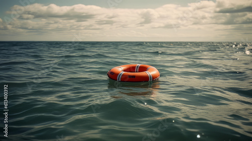 Safety equipment, lifebuoy floating on the sea to save people from drowning. Generative AI.