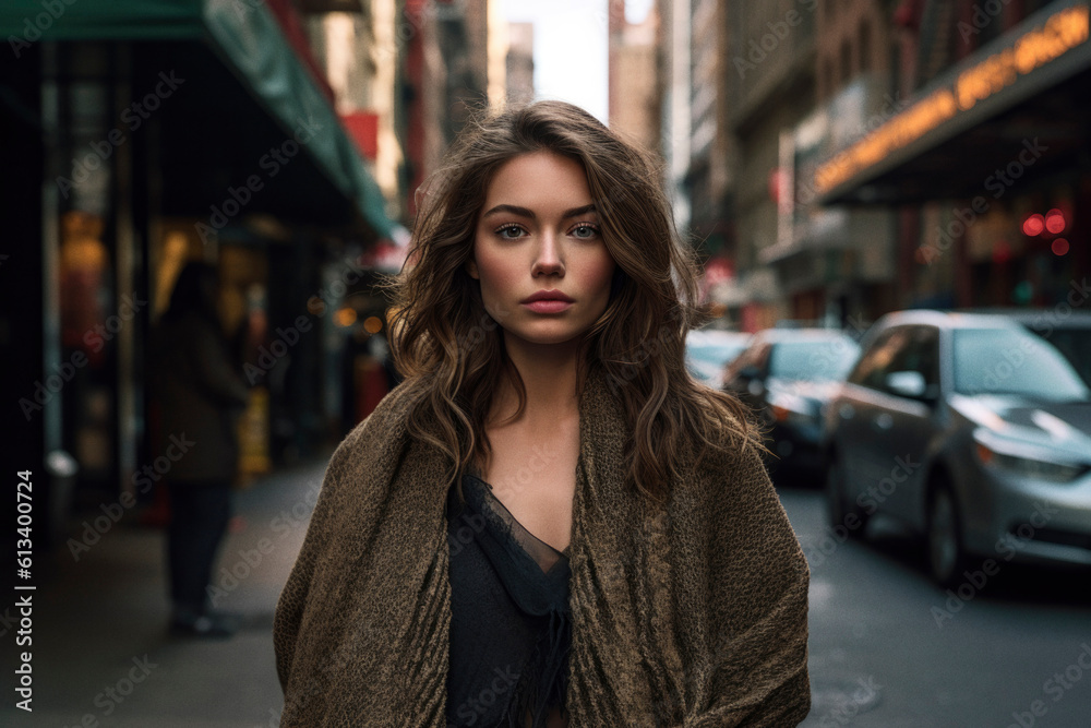 Beautiful woman with street as background. Generative AI