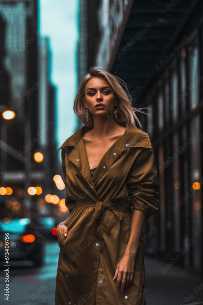 Blond woman wearing long coat in the street. Generative AI