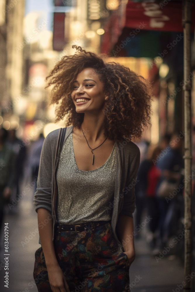 Afro-american woman with beautiful hair in the street .Generative AI