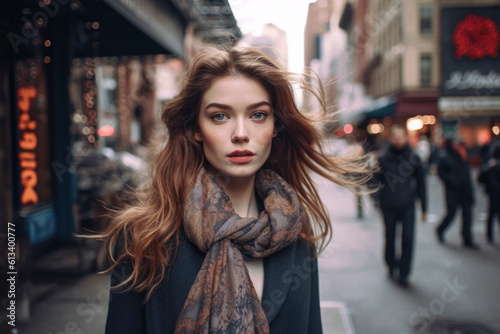 closeup of woman in the street. Generative AI