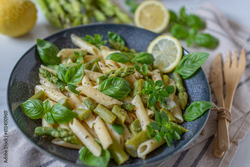 Pasta primavera with asparagus, snap peas and lemon photo