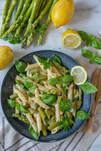 Pasta primavera with asparagus, snap peas and lemon