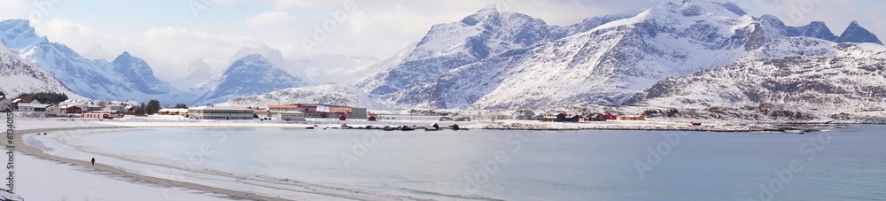 Fototapeta premium Beautiful panoramic scenary of snow mountain during winter season at Norway, Europe. 