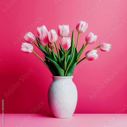 Pink tulips in white vase, Card, message space.