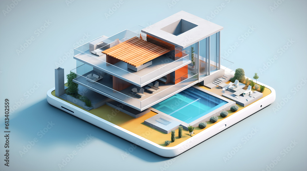 Modern house 3d building appear on mobile phone screen created with Generative AI
