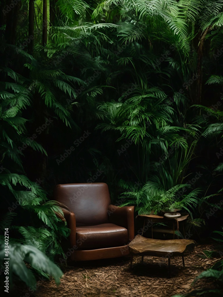 leather sofa armchair and rainforest plant soft Cinematic daylight generative ai illustration art