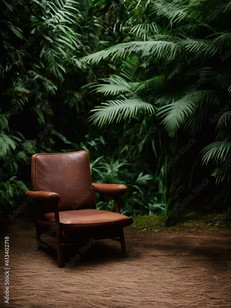 Fototapeta premium leather sofa armchair and rainforest plant soft Cinematic daylight generative ai illustration art