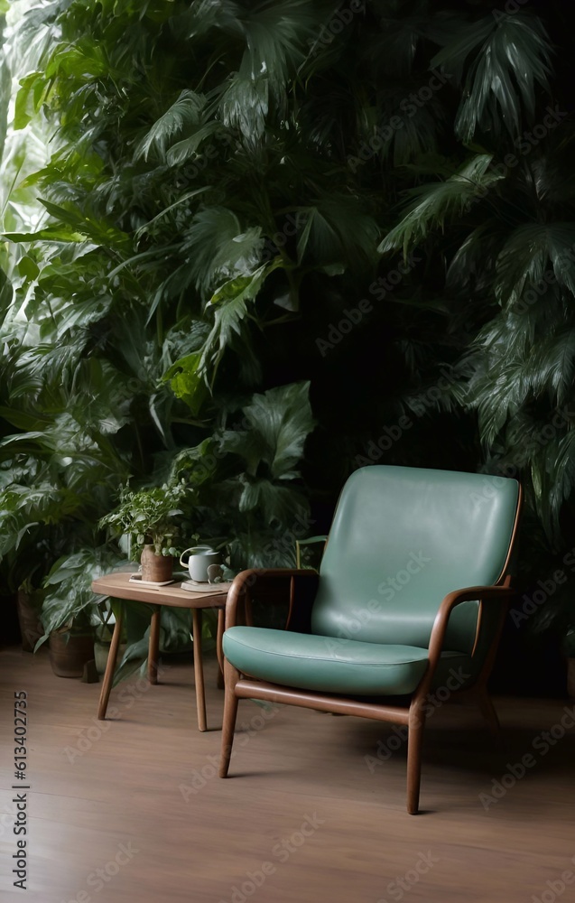 Fototapeta premium leather sofa armchair and rainforest plant soft Cinematic daylight generative ai illustration art