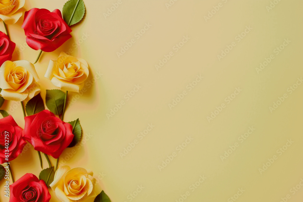 bouquet of roses with copyspace on yellow backspace, note space, love concept bouquet of roses with copyspace on yellow backspace, note space, love concept