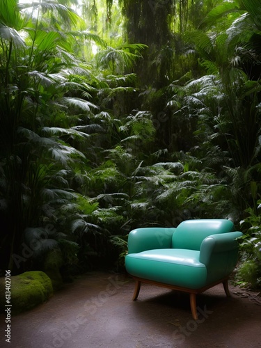 leather sofa armchair and rainforest plant soft Cinematic daylight generative ai illustration art photo