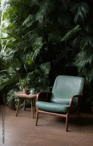 leather sofa armchair and rainforest plant soft Cinematic daylight generative ai illustration art