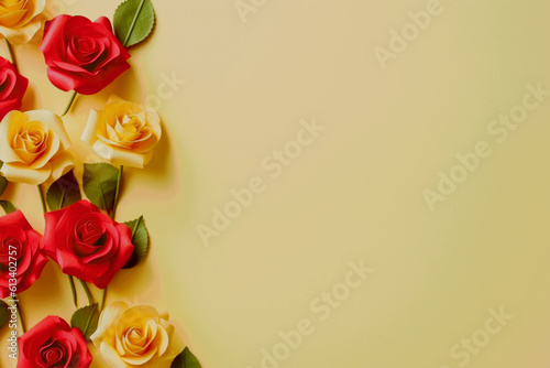 bouquet of roses with copyspace on yellow backspace  note space  love concept