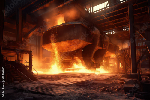 Red-hot steel ingot in a multi-story rolling mill in the factory