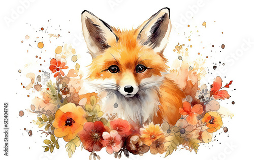 Watercolor red fox vulpes with flowers. Generative AI.