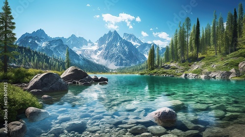High in the majestic mountains, a pristine alpine lake rests beneath a clear, cerulean sky. Towering peaks,