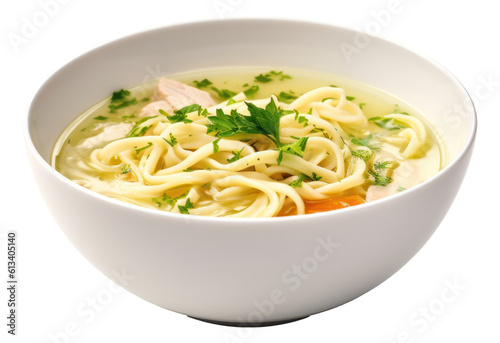 Instant chicken noodle soup in a white ceramic bowl isolated. Generative AI.