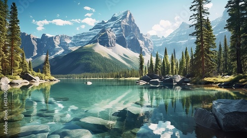 High in the majestic mountains, a pristine alpine lake rests beneath a clear, cerulean sky. Towering peaks,