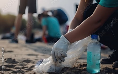 Cleaning the rubbishes at the beach in the morning. Generative AI.