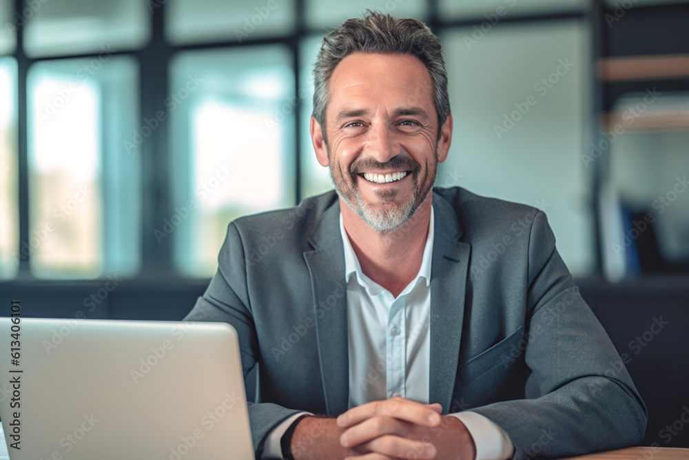 Portrait of smiling middle aged professional businessman, ceo manager wearing grey suit sitting at desk in office working on laptop computer. Close-up. Generative Ai content.